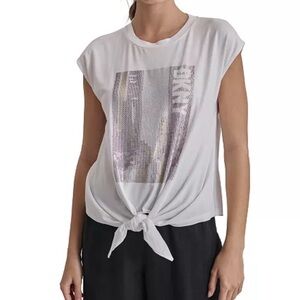 DKNY Women's Rhinestone-Cityscape Sleeveless Tie-Hem Top White Size M